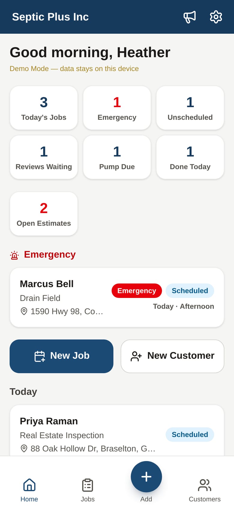 The office home screen of the septic company's app: today's jobs, reviews waiting, pump-outs due, open estimates