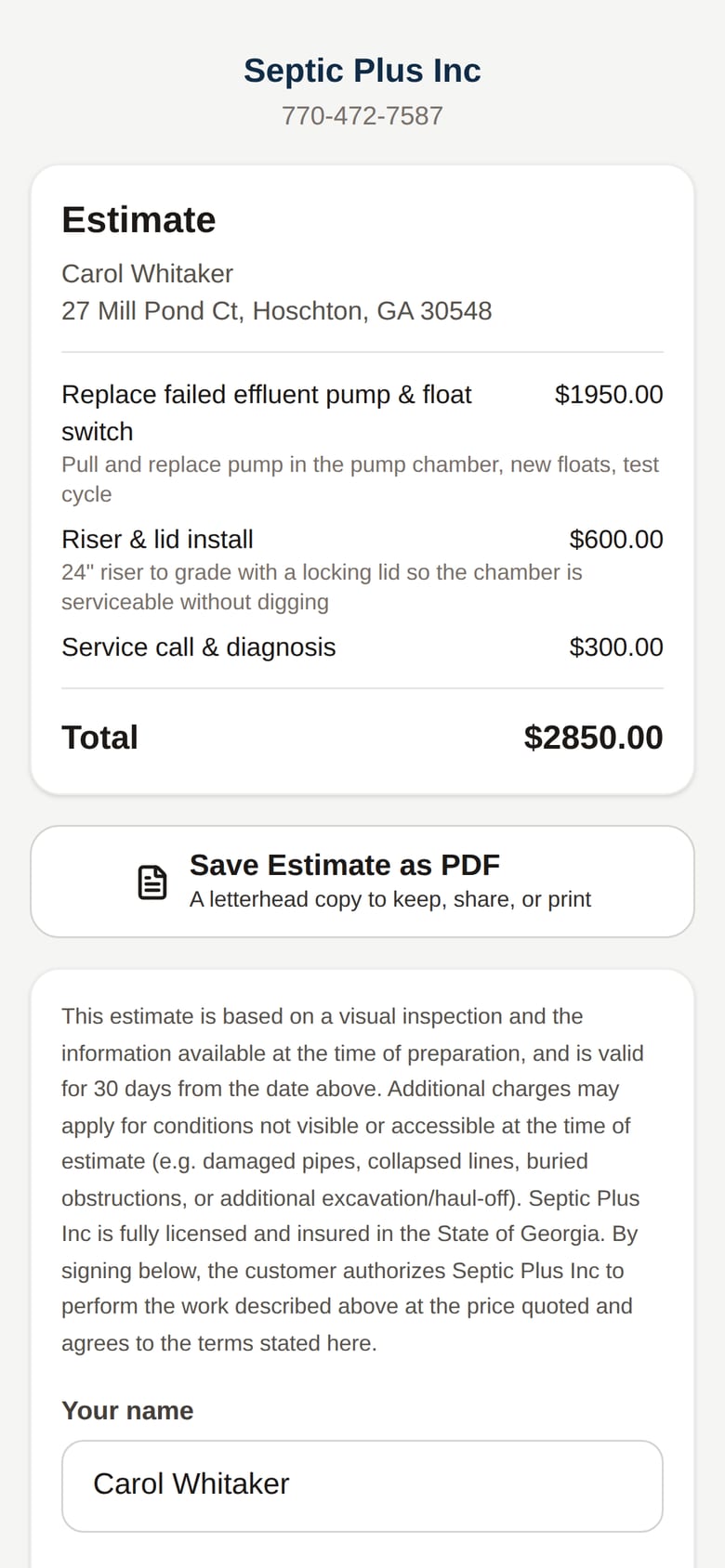 An estimate signed on the customer's own phone.